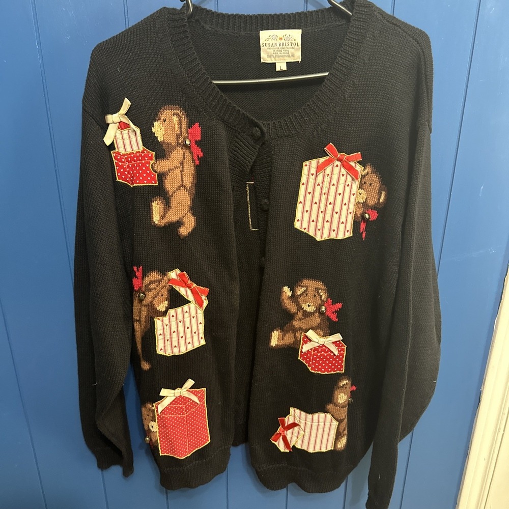 Susan Bristol Knitted Ugly Christmas Bear Sweater Black Holiday Santa‎ Sz Larger